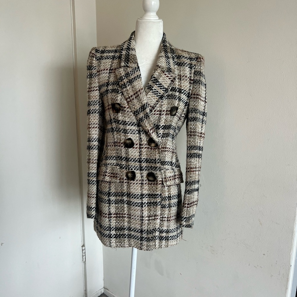 Zara Women's Black and Cream Plaid Blazer
